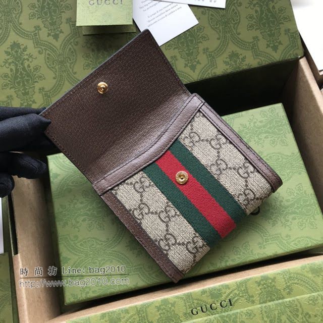 Gucci原厂皮包包 古驰男女GG印花红绿织带翻盖短款钱包 Gucci短夹零钱包 523173  gdj1733